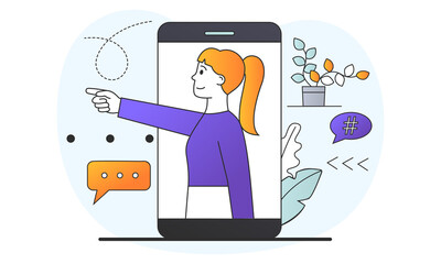 Wall Mural - smartphone with young woman on screen pointing the direction. concept of modern mobile application f