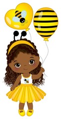 Canvas Print - Vector Cute Little Black Girl Wearing Bee Antenna Headband and Holding Air Balloons