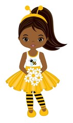 Wall Mural - Vector Beautiful Black Girl Wearing Bee Antenna Headband and Holding Bouquet of Flowers