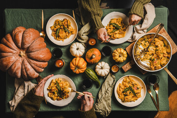 Wall Mural - Flat-lay of Fall dinner for gathering or Thanksgiving Day celebration