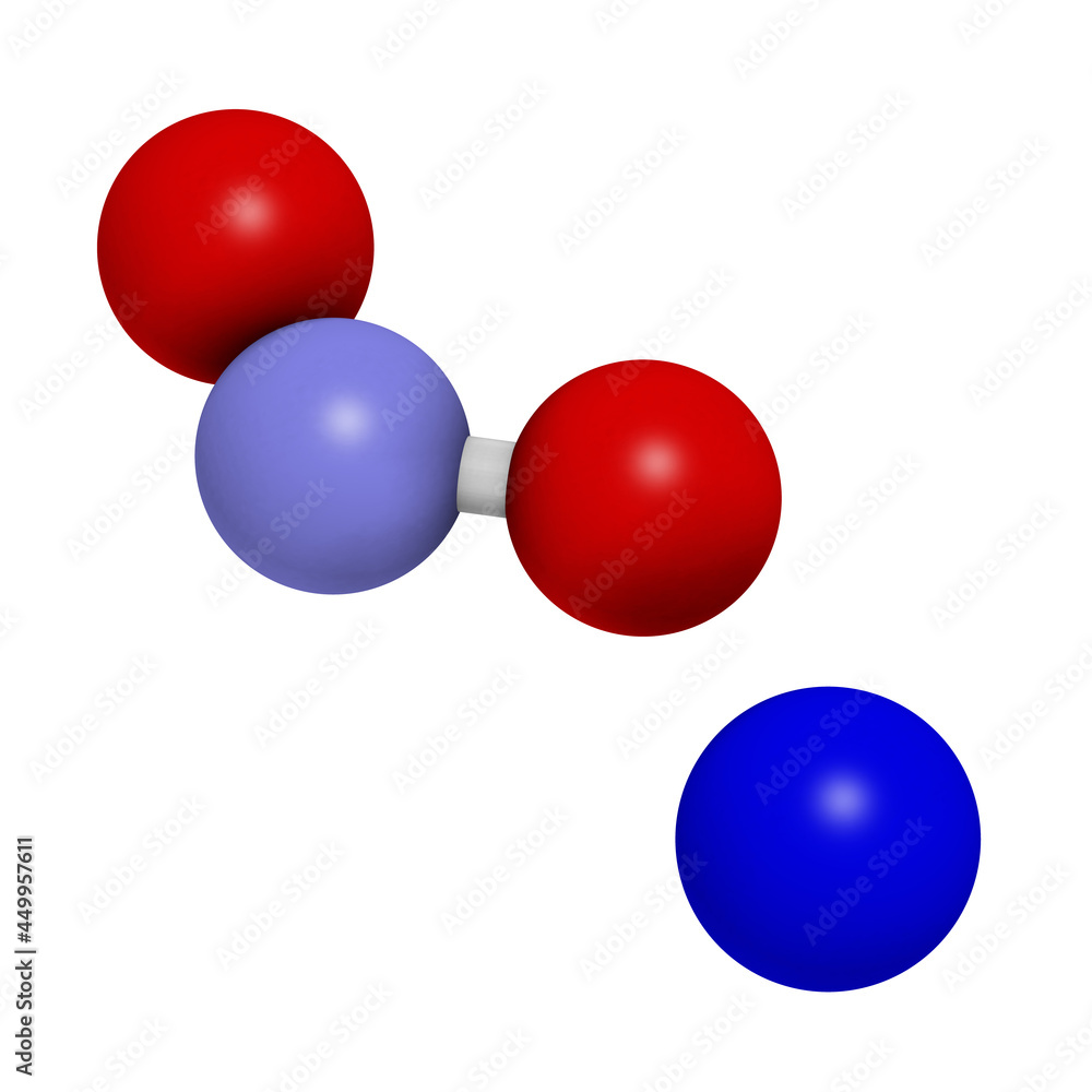 Sodium nitrite, chemical structure. Used as drug, food additive (E250 ...
