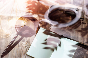 Business and lawyers discussing contract papers with brass scale on desk in office. Law, legal services, advice, justice and law concept picture with film grain effect