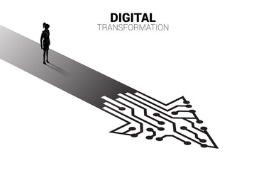 Silhouette of businesswoman standing on the way with dot connect line circuit. concept of digital transformation of business.