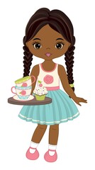 Wall Mural - Vector Beautiful African American Girl Holding Tray with Tea Cups and Cupcake