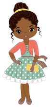 Vector African American Girl Wearing Retro Polka Dot Dress. Vector Retro Girl