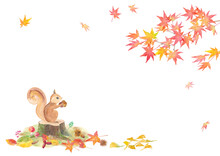 秋の森のフレームデザイン。どんぐりを持ったリスと紅葉の水彩イラスト。水彩のトレースベクター。