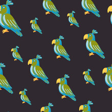 Hand Drawn Animal Seamless Pattern With Random Parrots Ornament. Black Background. Green And Blue Birds.