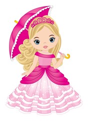 Wall Mural - Vector Beautiful Princess Wearing Pink Dress and Tiara and Holding Umbrella. Vector Princess