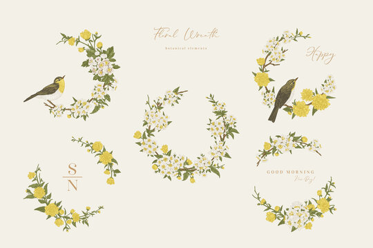 Set with flower wreaths and birds.