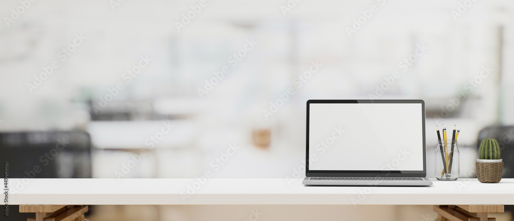 Laptop mock up, decor and copy space on minimal white working desk - obrazy, fototapety, plakaty 