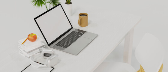 Side view, white work table in white room style, laptop blank screen