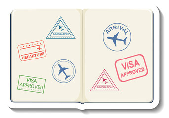 Wall Mural - Opened passport with visa stamp cartoon sticker