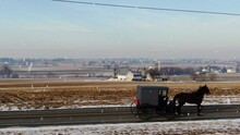 AERIAL Alongside Amish Buggy Pulled By Horse During Winter Snow