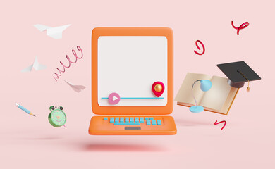 orange laptop computer with play bar,book, lamp,pencil,hat graduation,paper plane, alarm clock isolated on pink background.Online innovative education,e-learning concept,3d illustration or 3d render