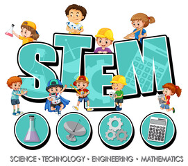 Wall Mural - STEM logo with many children and learning icons