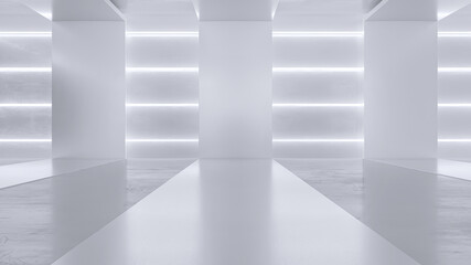 Empty white room with neon lights. Futuristic tunnel architecture background. Box with metal wall. 3d render