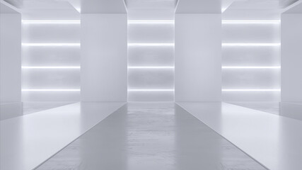 Wall Mural - Empty white room with neon lights. Futuristic tunnel architecture background. Box with metal wall. 3d render