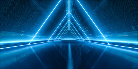 Wall Mural - Futuristic Spaceship corridor.  Abstract modern background. Triangle tunnel with light. Sci-fi corridor concept. 3d rendering.