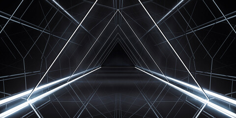 Abstract Triangle Spaceship corridor. Futuristic tunnel with light. Future interior background, sci-fi science concept. 3d rendering