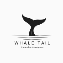 Whale Tail Logo Vintage Illustration Symbol Template Design. Logo Concept Silhouette Landscape Of Whale Swimming In The Sea Ocean Water
