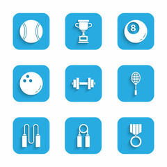 Poster - Set Dumbbell, Sport expander, Medal, Tennis racket, Jump rope, Bowling ball, Billiard pool snooker and icon. Vector