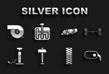 Poster - Set Hammer, Chassis car, Car rearview mirror, tire wheel, air pump, headlight, Automotive turbocharger and Gear shifter icon. Vector