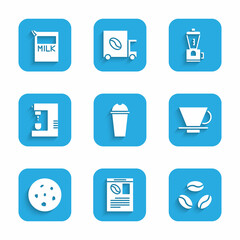 Wall Mural - Set Milkshake, Newspaper and coffee, Coffee beans, V60 maker, Cookie or biscuit, machine, Electric grinder and Paper package for milk icon. Vector