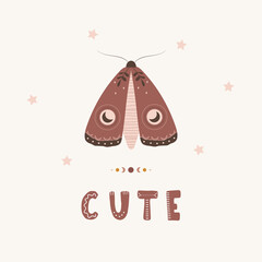 Wall Mural - Moth boho poster. Insect with celestial elements. Scandinavian design for children wallpaper and home decor. Cute pastel vector illustration in cartoon style.