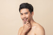 © ME Image - Portrait healthy asian man smiling with mustache and hand touching on face on brow background.
