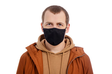 Wall Mural - close up portrait of handsome man in autumn jacket wearing black mask isolated on white background