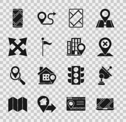 Sticker - Set City map navigation, Radar, Location, Gps device with, marker, Road traffic sign, and house icon. Vector