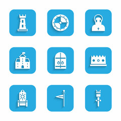 Sticker - Set Medieval castle gate, flag, Torch flame, King crown, throne, Castle, fortress, Monk and tower icon. Vector