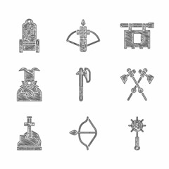 Wall Mural - Set Medieval axe, bow and arrow, chained mace ball, Crossed medieval axes, Sword the stone, Joker head, Street signboard with Bar and throne icon. Vector