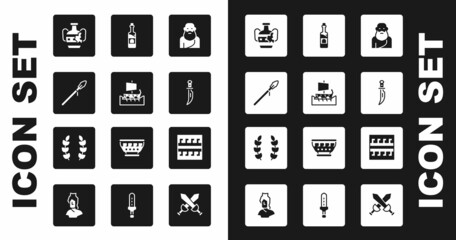 Wall Mural - Set Socrates, Greek trireme, Medieval spear, Broken amphorae, Dagger, Bottle of wine, Ancient pattern and Laurel wreath icon. Vector