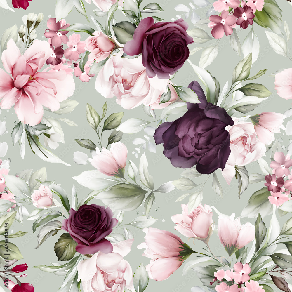 Seamless watercolor pattern with purple roses and peonies in a ...