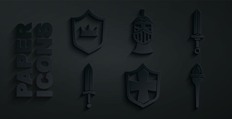 Sticker - Set Shield, Medieval sword, Torch flame, iron helmet and with crown icon. Vector