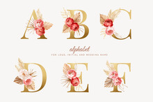 Set Watercolor Boho Floral Alphabet With Golden Letter