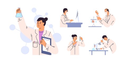 Wall Mural - set of scientists during lab scientific researches. chemists discovering antiviral remedies in chemi
