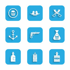 Sticker - Set Vintage pistols, Dynamite bomb, Alcohol drink Rum, Pirate coin, Anchor, Crossed pirate swords and icon. Vector