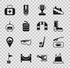 Poster - Set Mountains, Winter fishing, Waterproof rubber boot, Award cup, Stone for curling, Ski lift, First aid kit and scarf icon. Vector