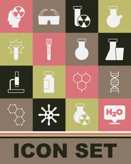 Set Chemical formula for H2O, DNA symbol, Test tube and flask, radiation, explosion, Head and icon. Vector