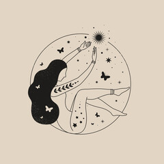 Poster - Mystical composition with a girl, a luminous star, and butterflies on a light background. Vector illustration in a trendy linear minimalist style. Modern laconic art for printing posters, postcards.
