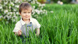 © YouraPechkin - A cute child in a blue overalls and blue eyes plays funny in the tall green grass in a green blooming park