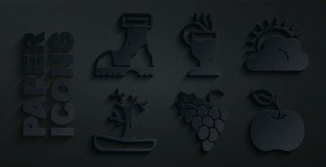 Sticker - Set Grape fruit, Sun and cloud weather, Bare tree, Apple, Mulled wine and Waterproof rubber boot icon. Vector