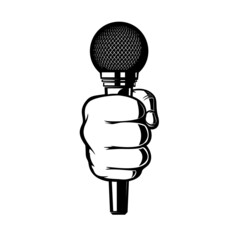 Human hand with microphone. Design element for sign, logo, label, t shirt. Vector illustration