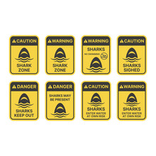 Shark Warning Sign In Yellow Rectangle. Sharks, Danger, Keep Out Vector.