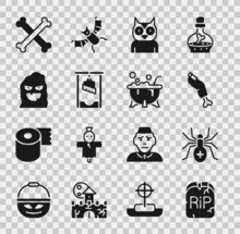 Set Tombstone With RIP Written, Spider, Zombie Finger, Owl Bird, Guillotine, Funny And Scary Ghost Mask, Crossed Bones And Halloween Witch Cauldron Icon. Vector