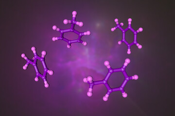 Wall Mural - Molecular model of toluene, an aromatic hydrocarbon composed of a benzene rink linked to one methyl group. Scientific background. 3d illustration