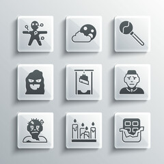 Sticker - Set Burning candle, Chocolate bar, Priest, Guillotine, Zombie mask, Funny scary ghost, Voodoo doll and Lollipop icon. Vector