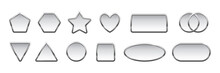 Silver Badges Different Shapes Set. Metal Banners, Icons, Emblems Design Vector Illustration. Glossy Square, Triangle, Oval, Heart, Rectangle, Star, Circle Signs With Frames On White Background